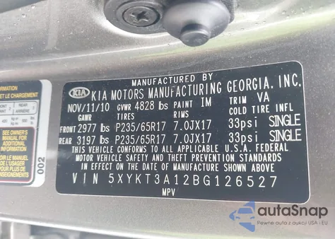 2011 Kia Sorento Lx z USA, uszkodzony, nr VIN 5XYKT3A12BG126527